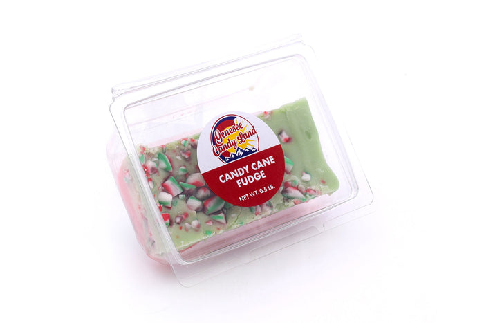 Candy Cane Peppermint Fudge, half-pound in clear clamshell packaging