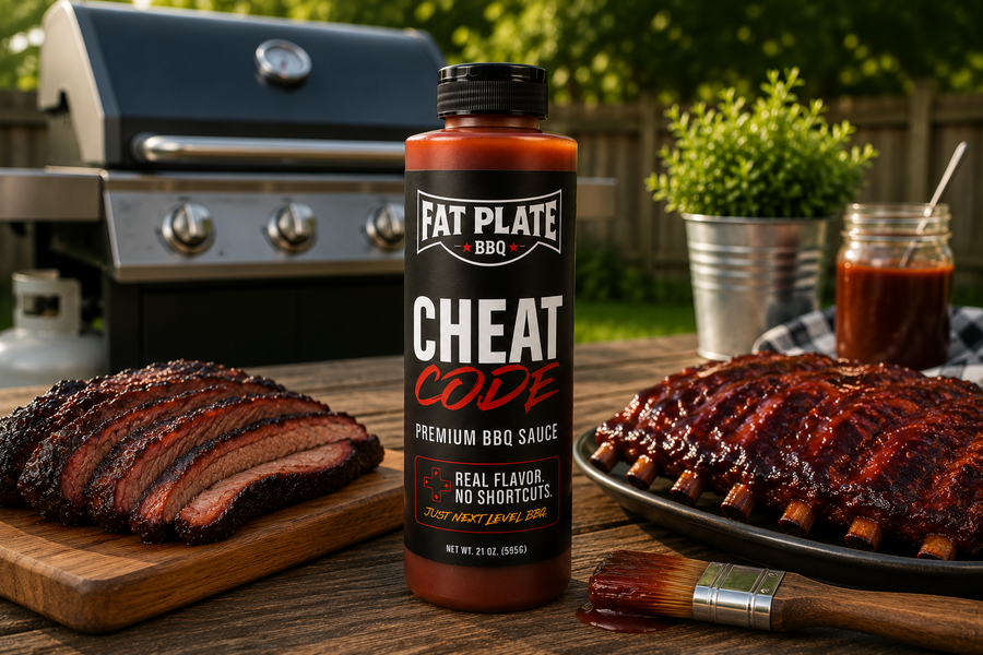 Cheat Code BBQ sauce bottle staged with sliced brisket and glazed ribs by a grill