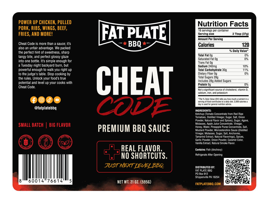 Cheat Code BBQ sauce label showing ingredients, anchovy allergen and Nutrition Facts