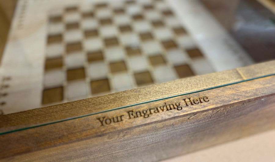 Rustic Chess and Checkers Table with removable glass top - chess and checkers pieces included