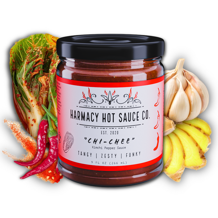 Chi-Chee fermented kimchi hot sauce jar with vegetables and peppers