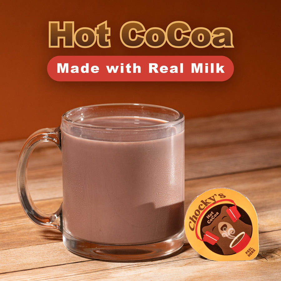 Mug of hot cocoa beside a Chocky’s pod