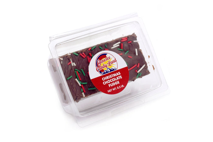 Christmas Chocolate Fudge with Sprinkles, half-pound in clear clamshell packaging