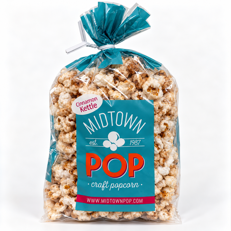 Bag of cinnamon kettle corn with a teal tie