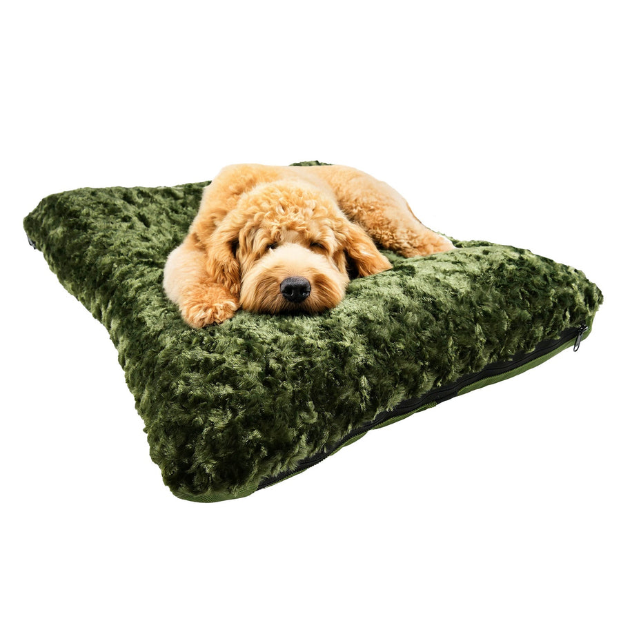 Dog resting on an olive Cloud Furvana rectangle bolster dog bed