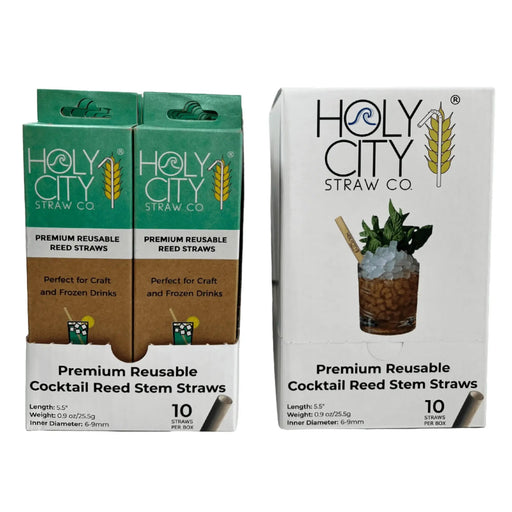 Cocktail Reed Stem Drinking Straws Inner pack 20 boxes 10 ct next to an unopened box Left