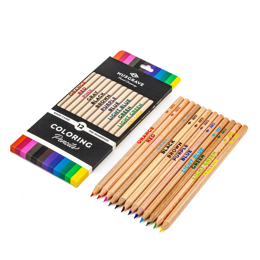 Twelve sharpened colored pencils beside their illustrated retail box