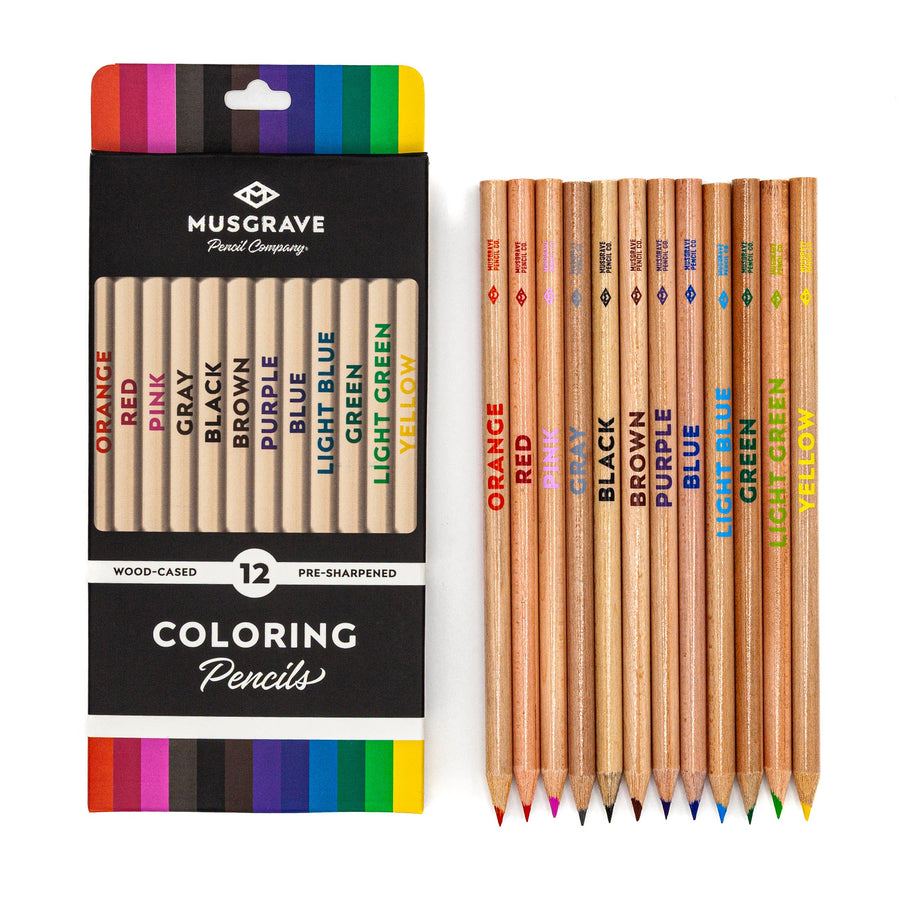 Twelve natural wood colored pencils arranged beside the front of the box
