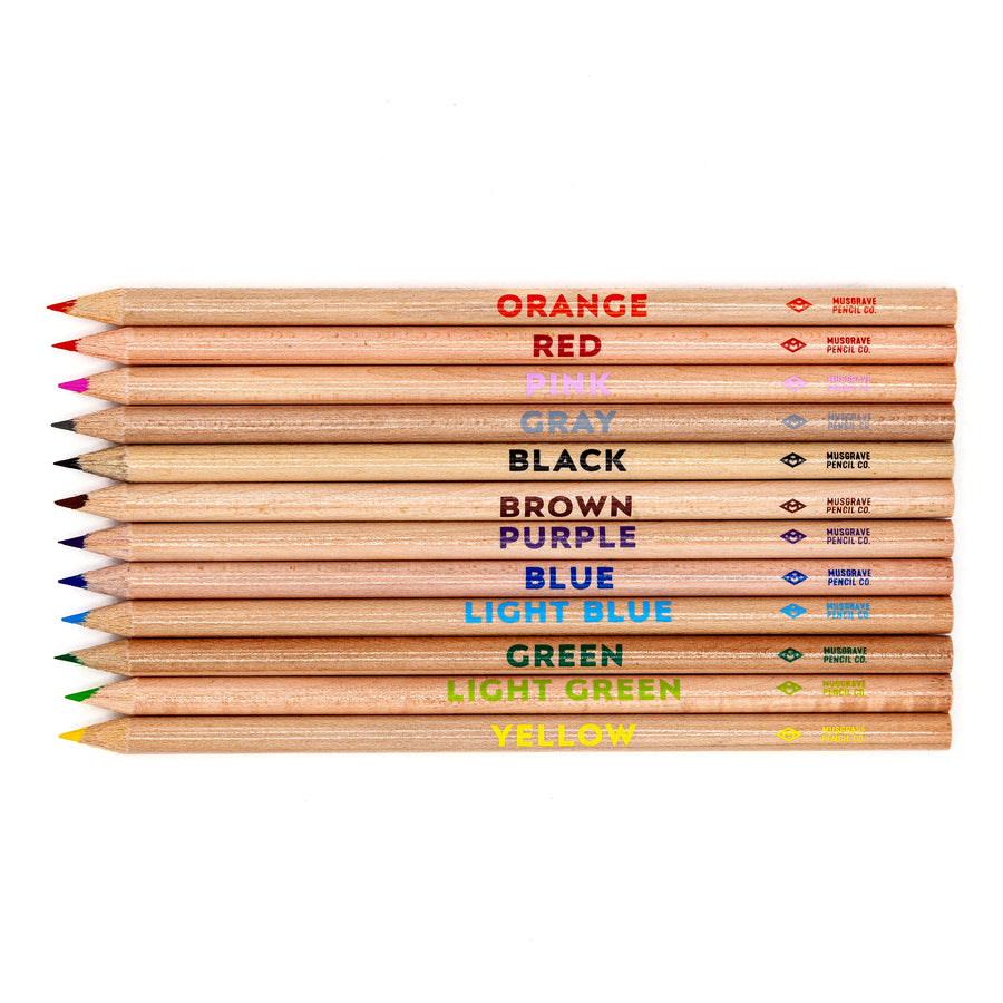 Twelve colored pencils laid horizontally with printed color names