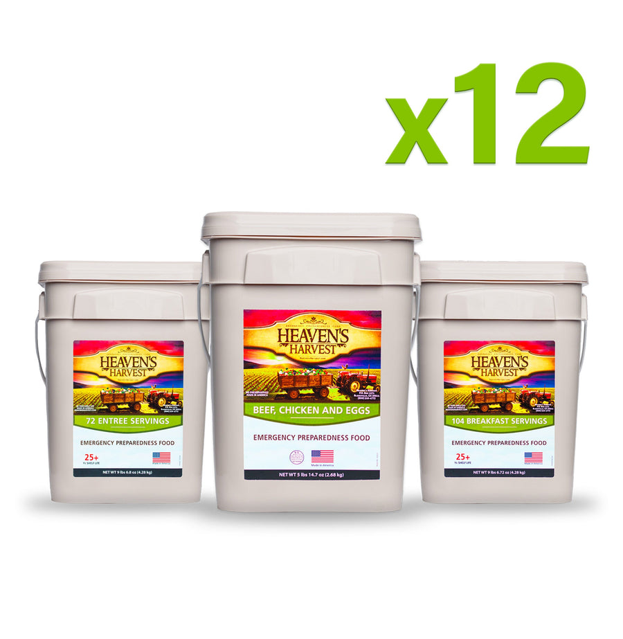 Twelve combo assortments containing thirty-six food buckets in total