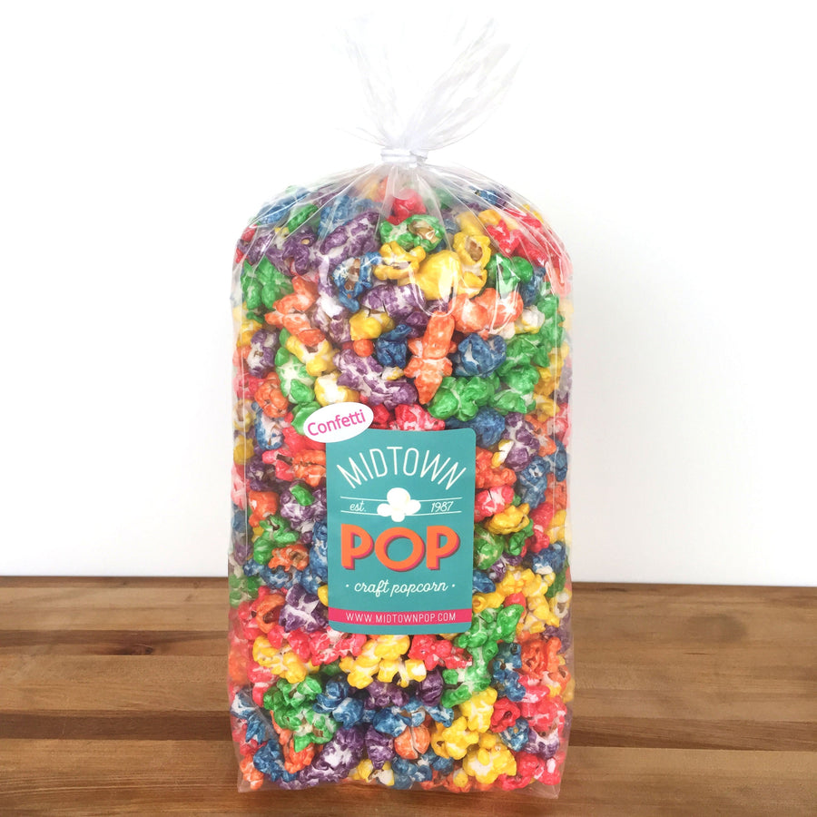 Bag of rainbow candy-coated confetti popcorn