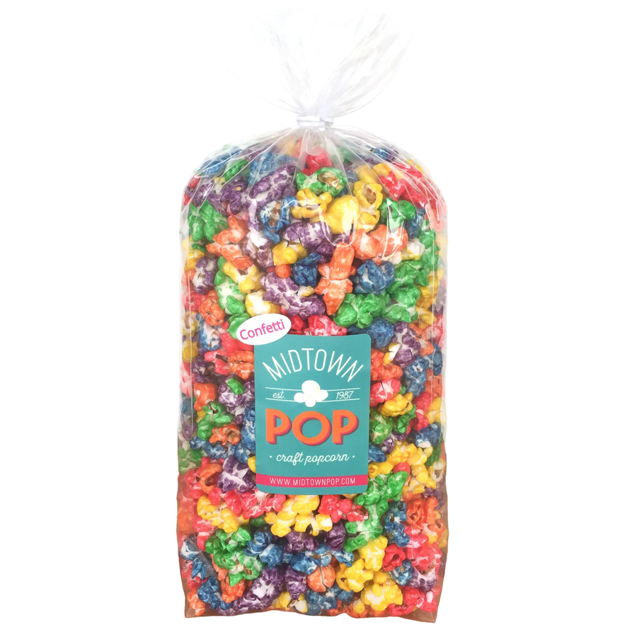 Rainbow confetti popcorn in a tied clear bag