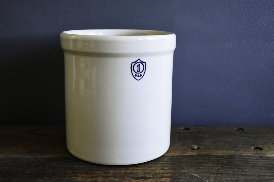 Bristol off-white stoneware utility crock - 1 gallon on a wood surface