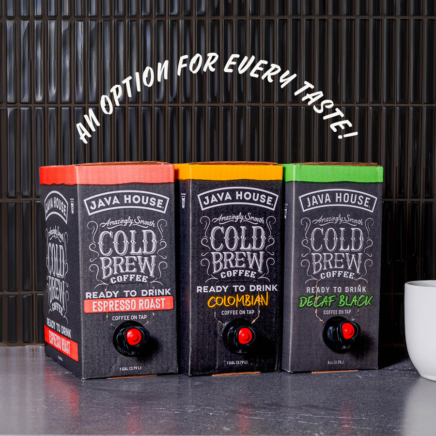 Espresso, Colombian and Decaf cold brew box lineup