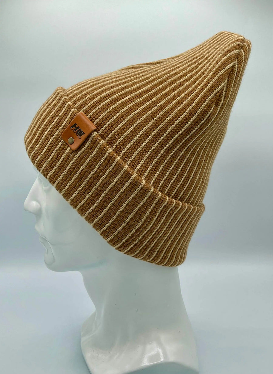 Cuffed Wide Ribbed Striped Beanie, Contrast, Beige and Brown, Classic Beanie