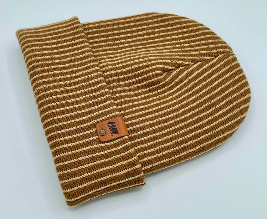 Cuffed Wide Ribbed Striped Beanie, Contrast, Beige and Brown, Classic Beanie