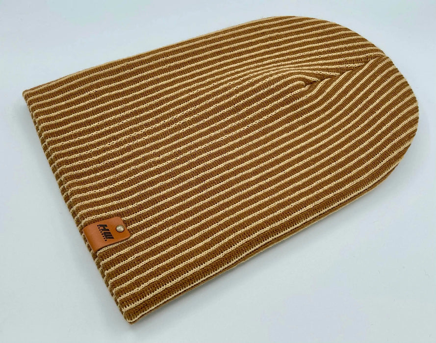 Cuffed Wide Ribbed Striped Beanie, Contrast, Beige and Brown, Classic Beanie