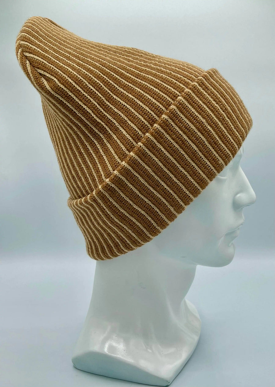 Cuffed Wide Ribbed Striped Beanie, Contrast, Beige and Brown, Classic Beanie