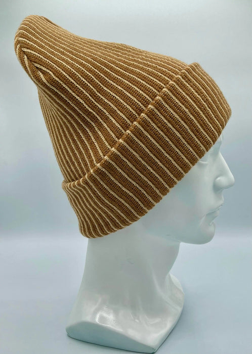 Cuffed Wide Ribbed Striped Beanie, Contrast, Beige and Brown, Classic Beanie