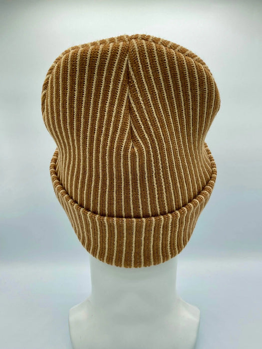 Cuffed Wide Ribbed Striped Beanie, Contrast, Beige and Brown, Classic Beanie
