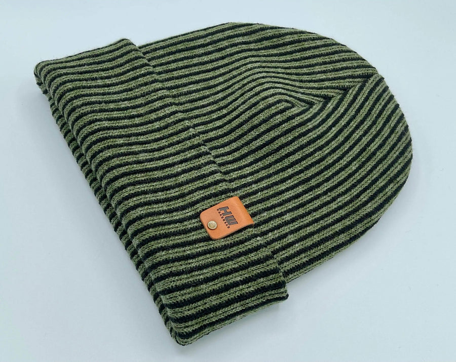 Cuffed Wide Ribbed Striped Beanie, Contrast, Black and Green, Classic Beanie