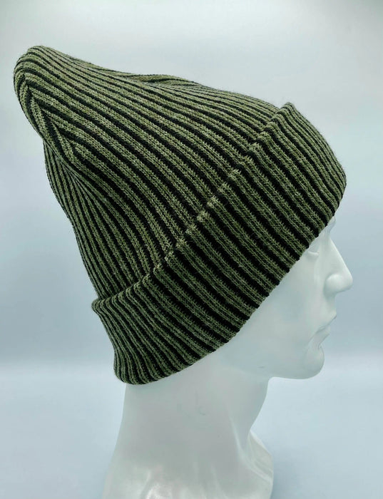 Cuffed Wide Ribbed Striped Beanie, Contrast, Black and Green, Classic Beanie