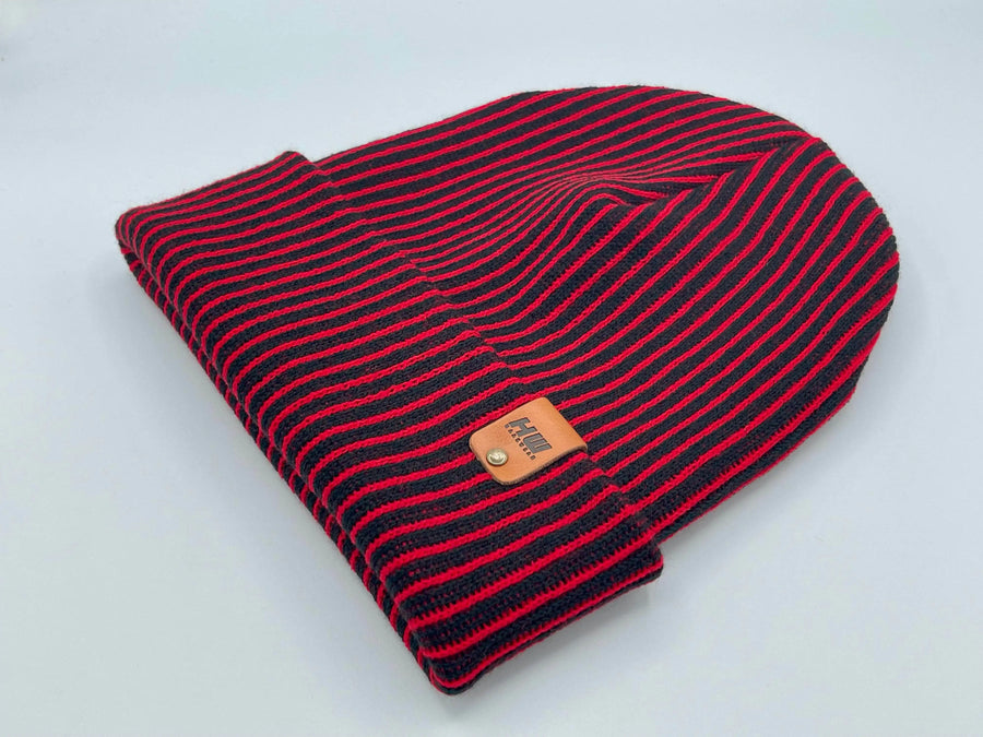 Cuffed Wide Ribbed Striped Beanie, Contrast, Black and Red, Classic Beanie