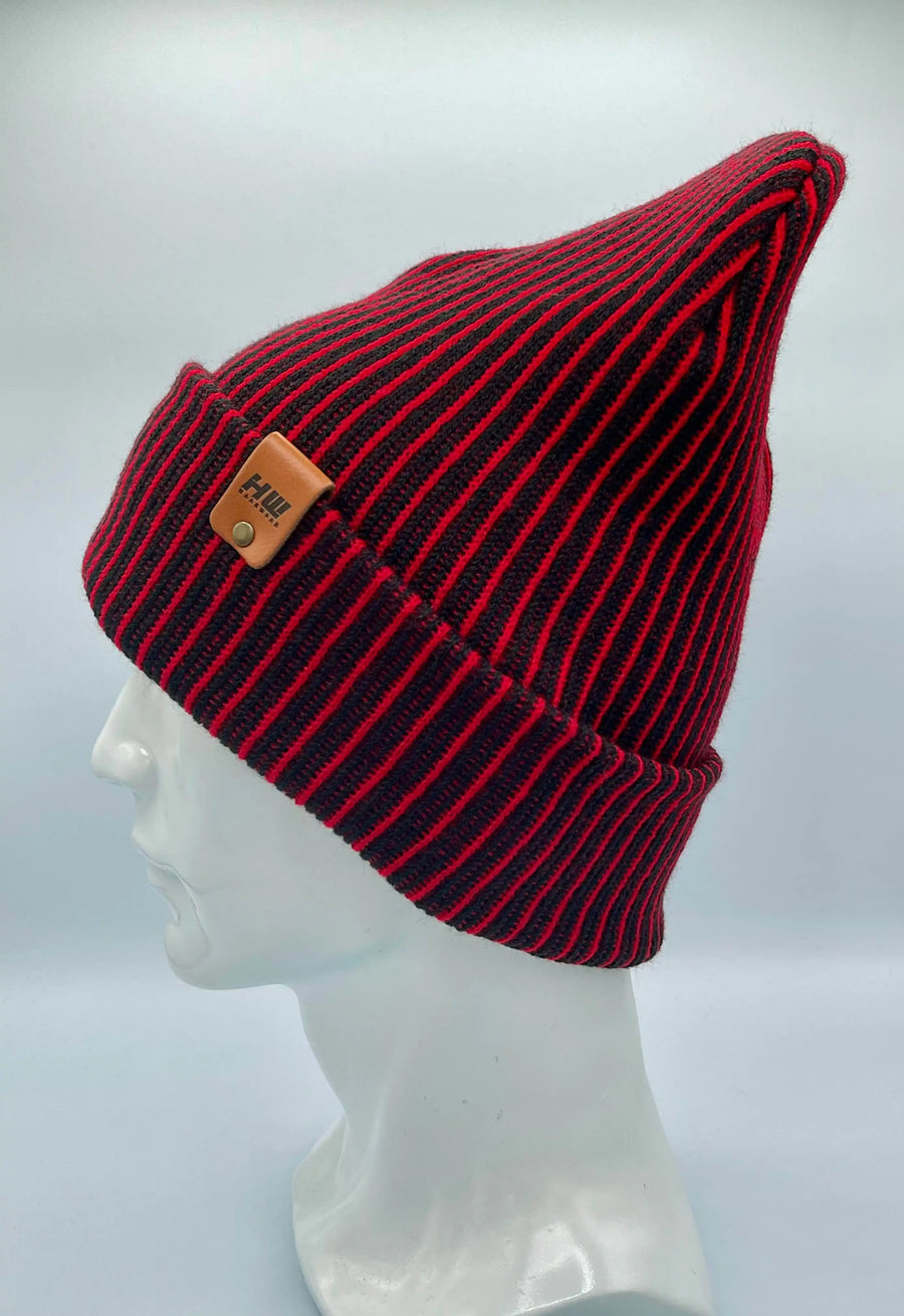Cuffed Wide Ribbed Striped Beanie, Contrast, Black and Red, Classic Beanie