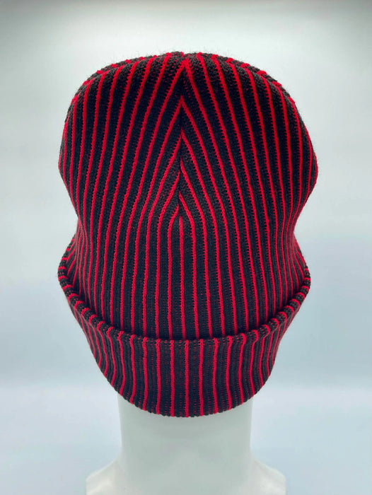 Cuffed Wide Ribbed Striped Beanie, Contrast, Black and Red, Classic Beanie