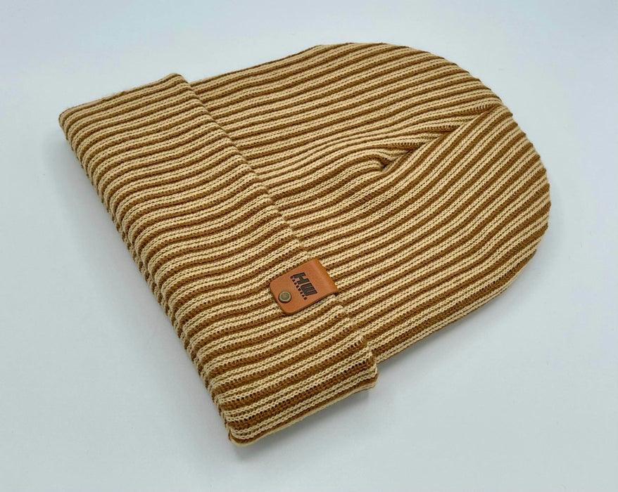 Cuffed Wide Ribbed Striped Beanie, Contrast, Brown and Beige, Classic Beanie