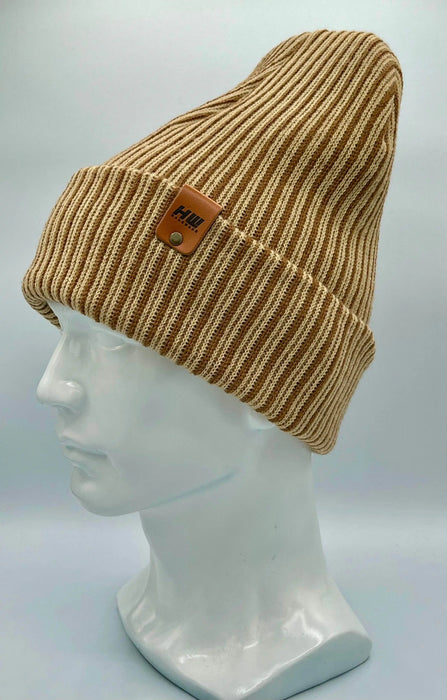 Cuffed Wide Ribbed Striped Beanie, Contrast, Brown and Beige, Classic Beanie