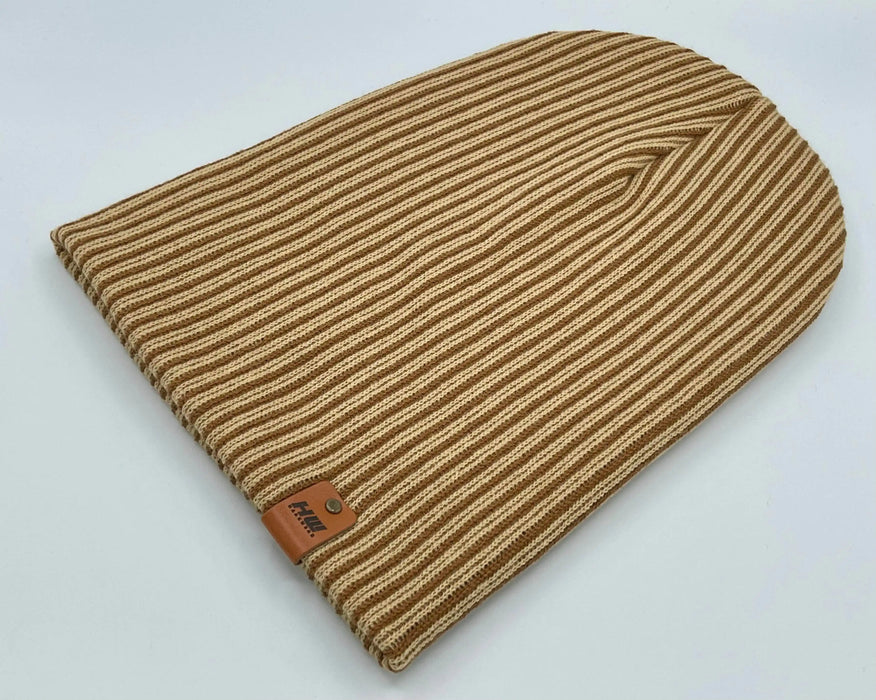Cuffed Wide Ribbed Striped Beanie, Contrast, Brown and Beige, Classic Beanie