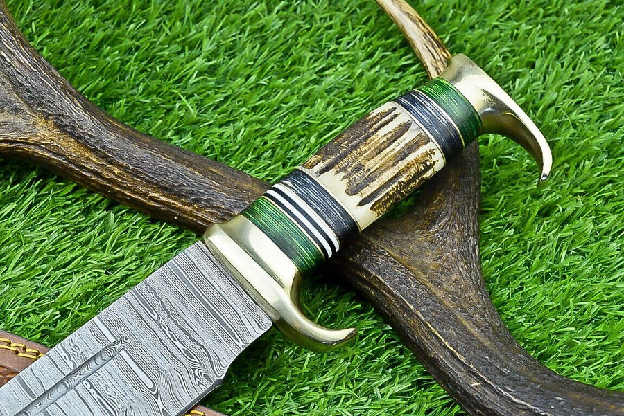 Custom Handmade Damascus Steel Bowie Knife with Stag Horn Handle – 16" Blade with Leather Sheath