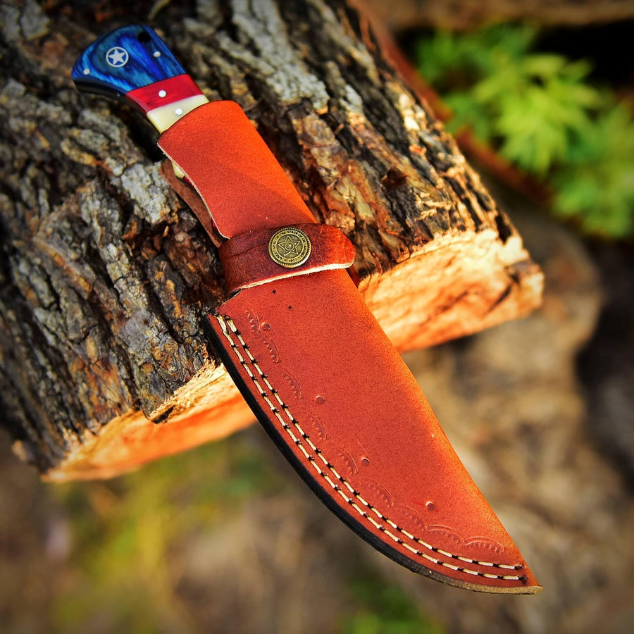 Custom Handmade Damascus Skinning Knife with American Flag Handle