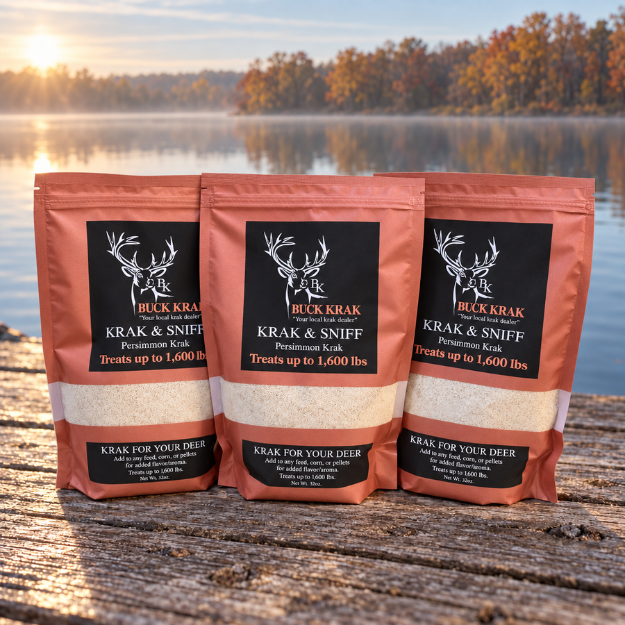 Three Persimmon Krak & Sniff pouches beside a lake