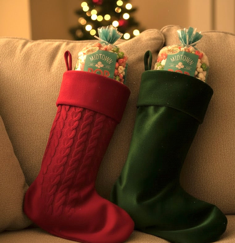 Popcorn bags tucked into Christmas stockings