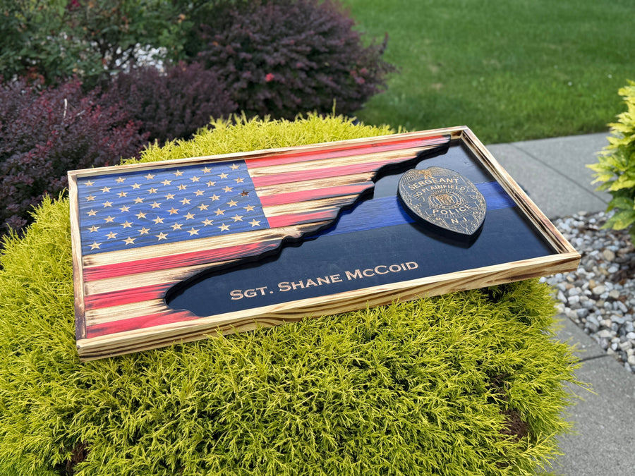 Custom 3D Thin Line American Flag with Engraved Badge