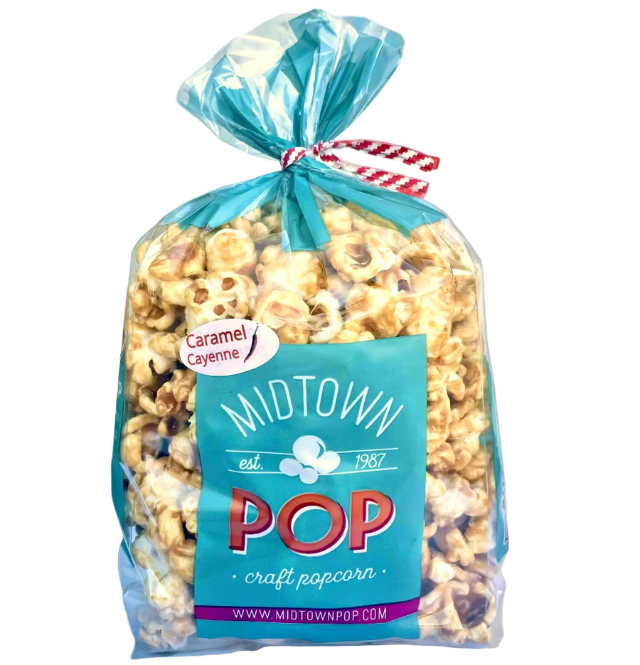 Close-up of a Caramel Cayenne popcorn bag