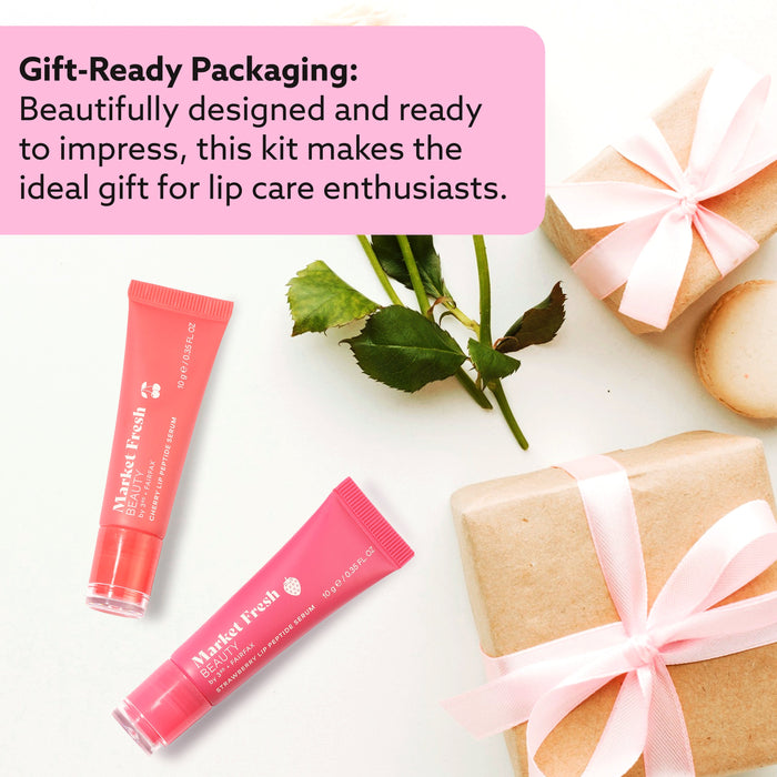 Peptide Glow Lip Serum Set by Market Fresh Beauty - Double Dose Hydrating Lip Care, Cherry & Strawberry Flavors, Vegan, Cruelty-Free, Clean Ingredients, 2 Pack