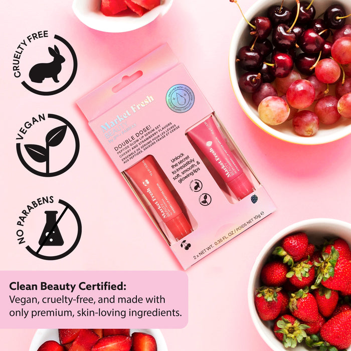 Peptide Glow Lip Serum Set by Market Fresh Beauty - Double Dose Hydrating Lip Care, Cherry & Strawberry Flavors, Vegan, Cruelty-Free, Clean Ingredients, 2 Pack