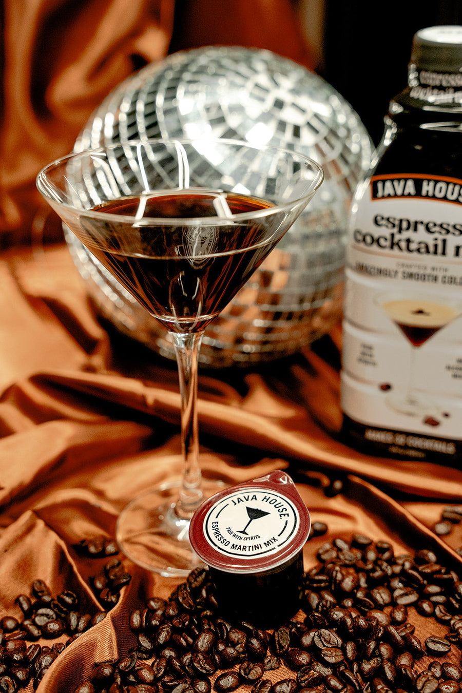 Martini mix bottle and cocktail with coffee beans
