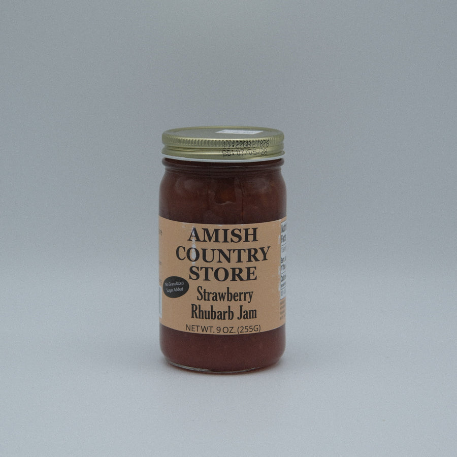 Front of the 8 oz strawberry rhubarb jam jar.