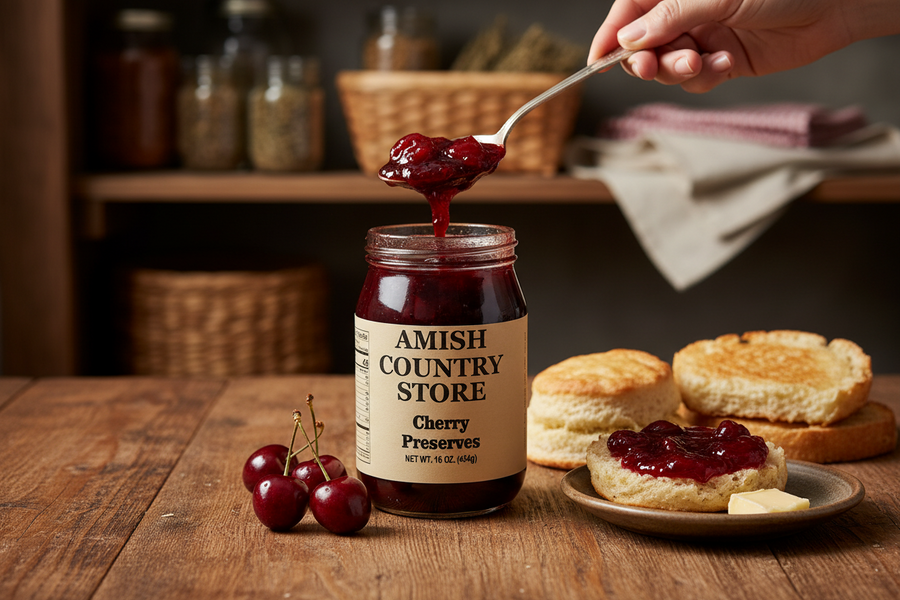 Cherry preserves jar with a spoonful of preserves, biscuits, and cherries in a styled serving scene.