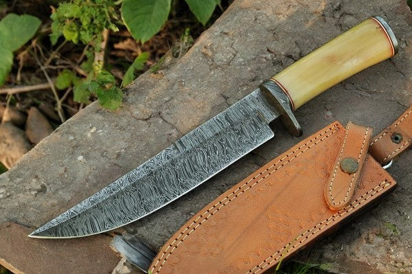 Handmade Damascus Bowie Knife with Bone Handle – 15"