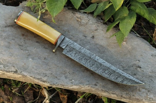 Handmade Damascus Bowie Knife with Bone Handle – 15"