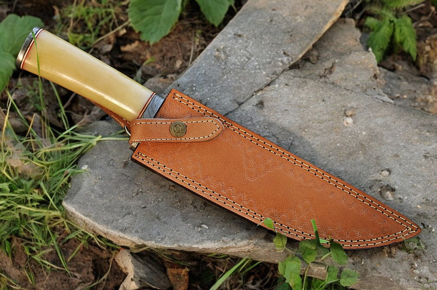 Handmade Damascus Bowie Knife with Bone Handle – 15"