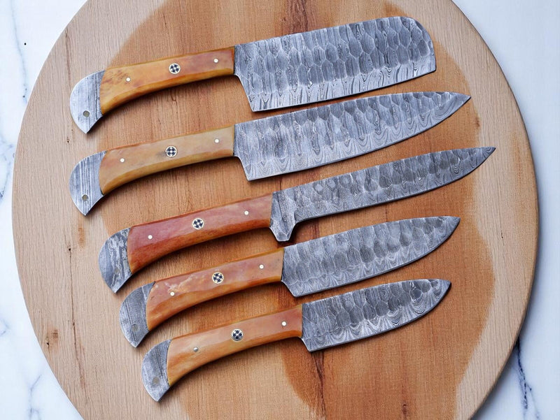 Damascus Steel Knife Sets – 5-Piece Full Tang Forged Blades
