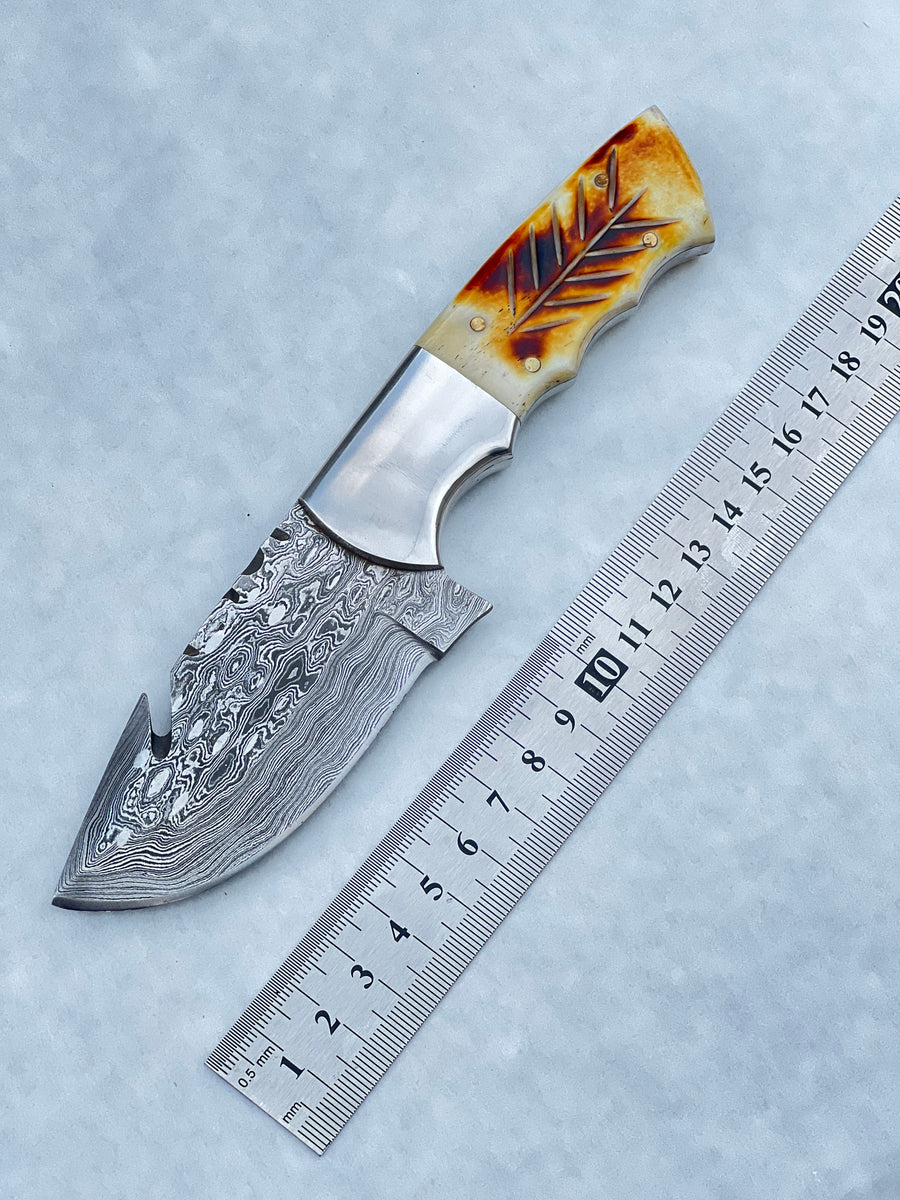 Damascus Steel Fixed Blade Knife with Camel Bone & Rosewood Handle - 7.5" Custom Pocket Knife with Leather Sheath