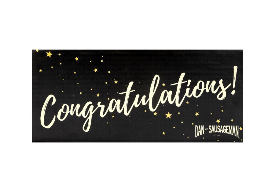 Black gift-box panel with Congratulations lettering and gold stars