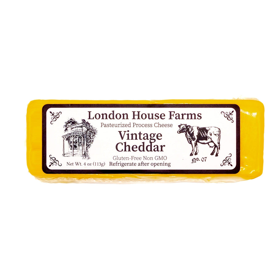 London House Farms Vintage Cheddar cheese bar with yellow wrapper